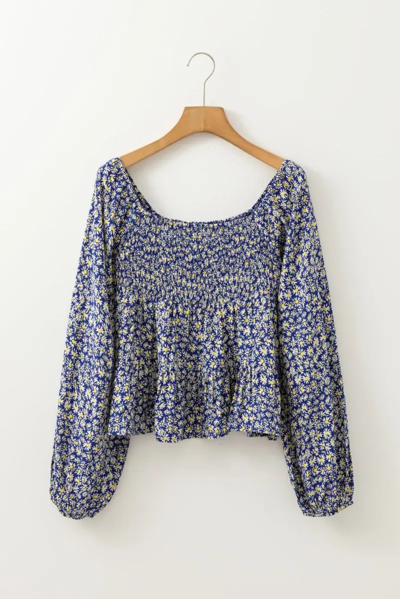 Blue Boho Floral Print Smocked Square Neck Blouse - Love Salve 