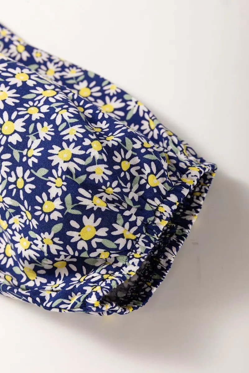 Blue Boho Floral Print Smocked Square Neck Blouse - Love Salve 