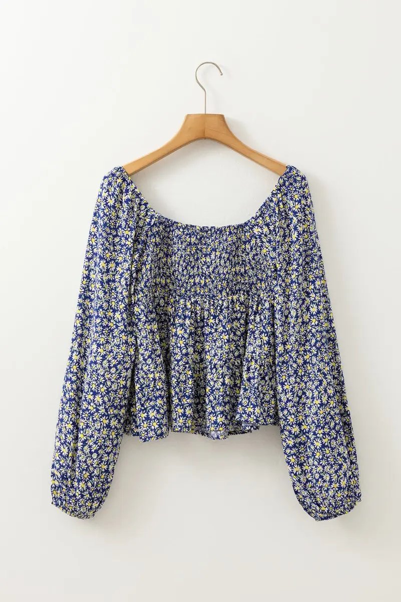 Blue Boho Floral Print Smocked Square Neck Blouse - Love Salve 