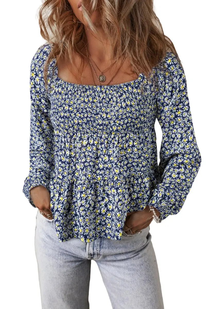 Blue Boho Floral Print Smocked Square Neck Blouse - Love Salve 