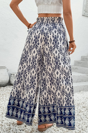 Blue Boho Pattern Print High Waist Wide Leg Loose Pants - Love Salve 