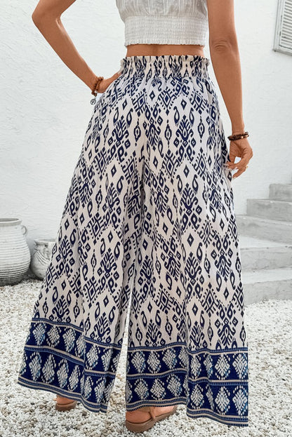 Blue Boho Pattern Print High Waist Wide Leg Loose Pants - Love Salve 