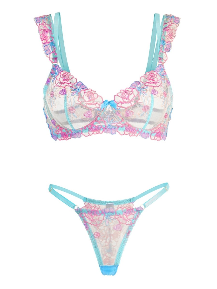 Blue Butterfly Bow Colorful Embroidered Flower Lingerie Set - Love Salve