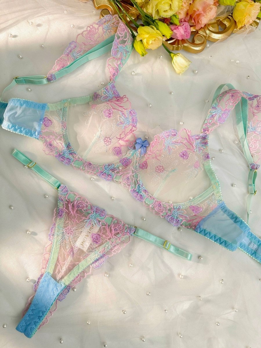 Blue Butterfly Bow Colorful Embroidered Flower Lingerie Set - Love Salve