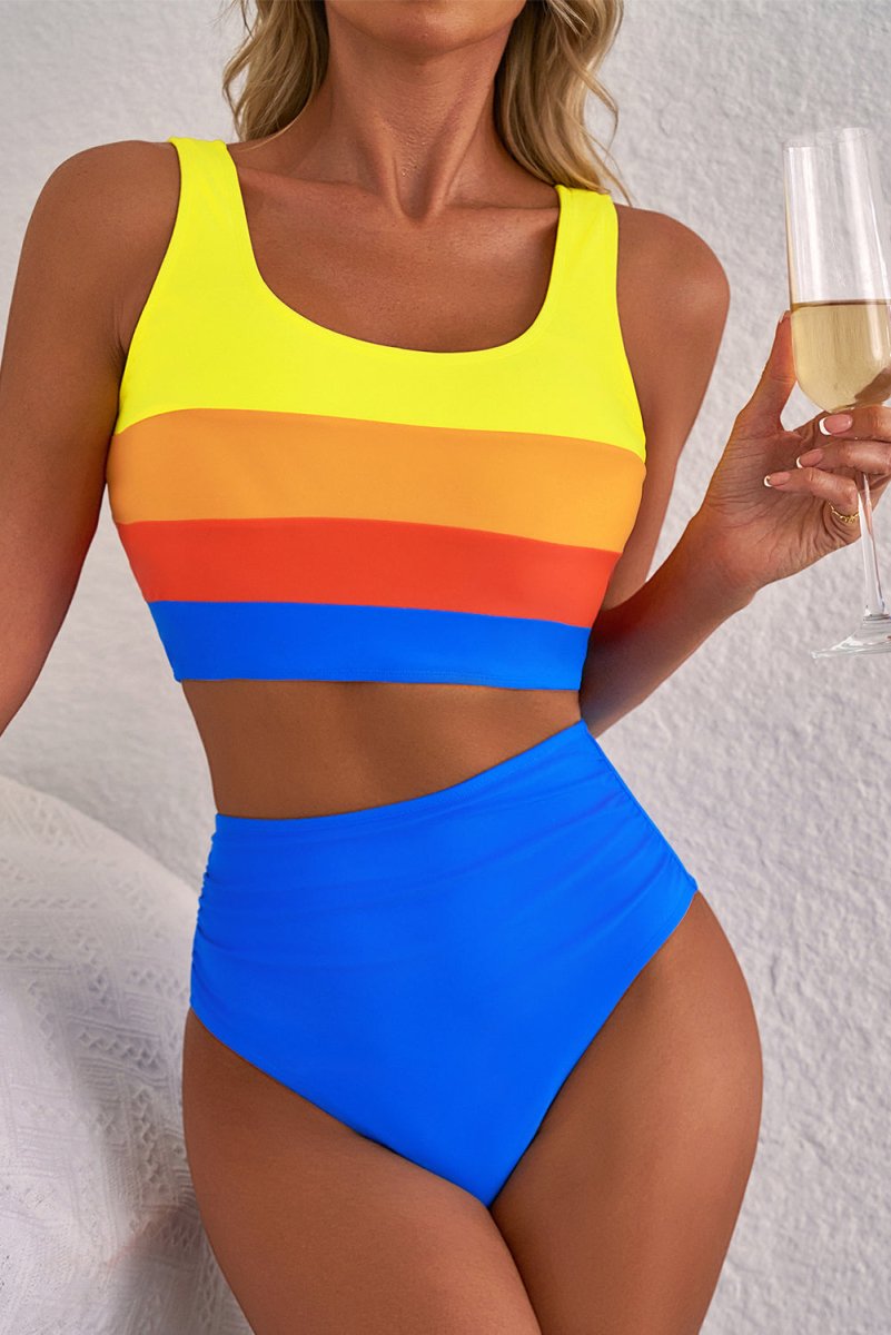 Blue Colorblock Square Neck Top Pleated High Waisted Bikini - Love Salve