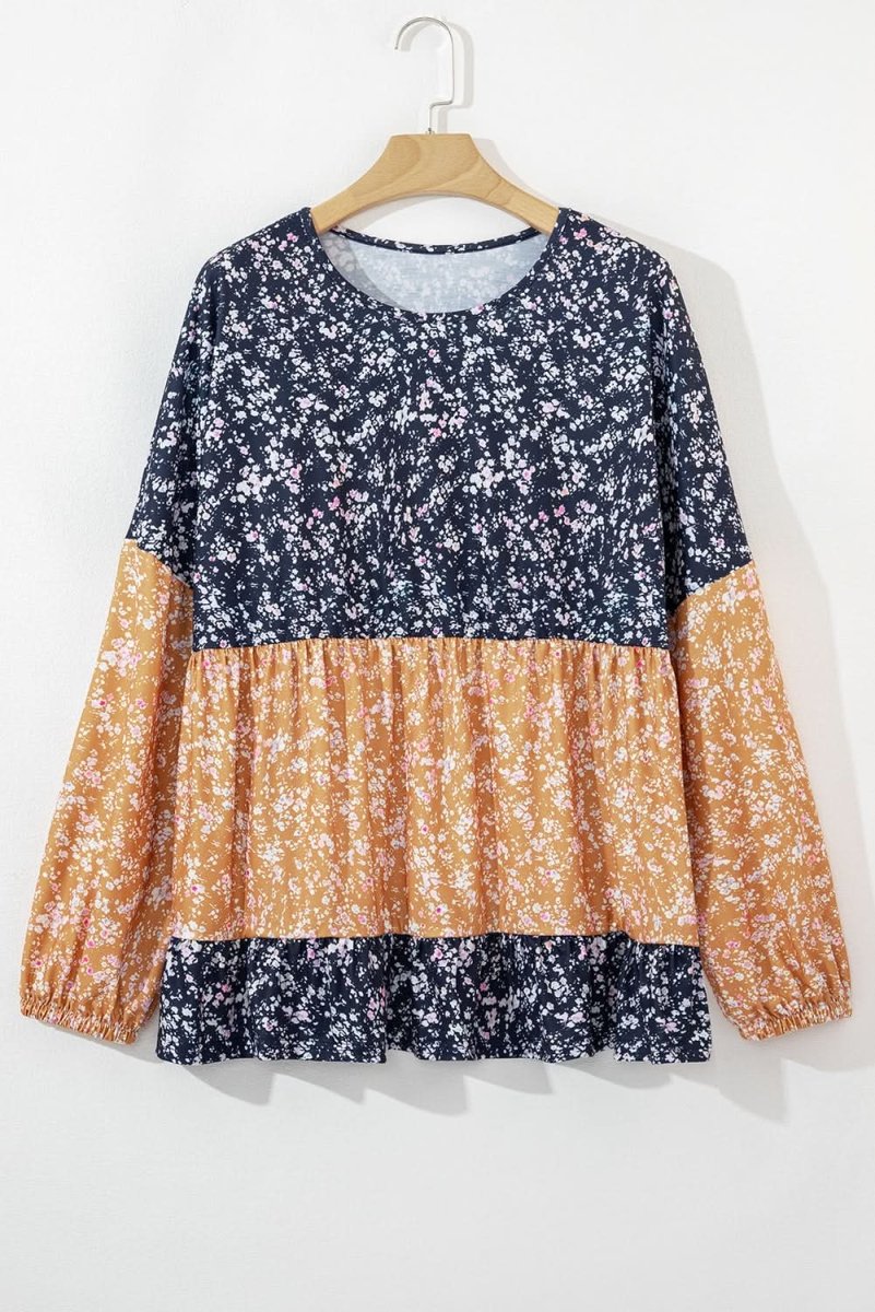 Blue Floral Color Block Patchwork Ruffled Hem Round Neck Blouse - Love Salve