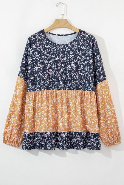 Blue Floral Color Block Patchwork Ruffled Hem Round Neck Blouse - Love Salve
