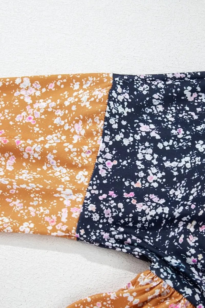 Blue Floral Color Block Patchwork Ruffled Hem Round Neck Blouse - Love Salve 