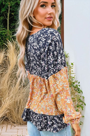 Blue Floral Color Block Patchwork Ruffled Hem Round Neck Blouse - Love Salve 