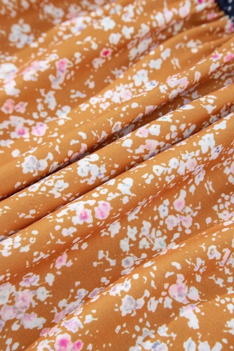 Blue Floral Color Block Patchwork Ruffled Hem Round Neck Blouse - Love Salve 