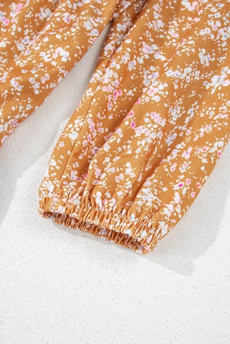 Blue Floral Color Block Patchwork Ruffled Hem Round Neck Blouse - Love Salve 