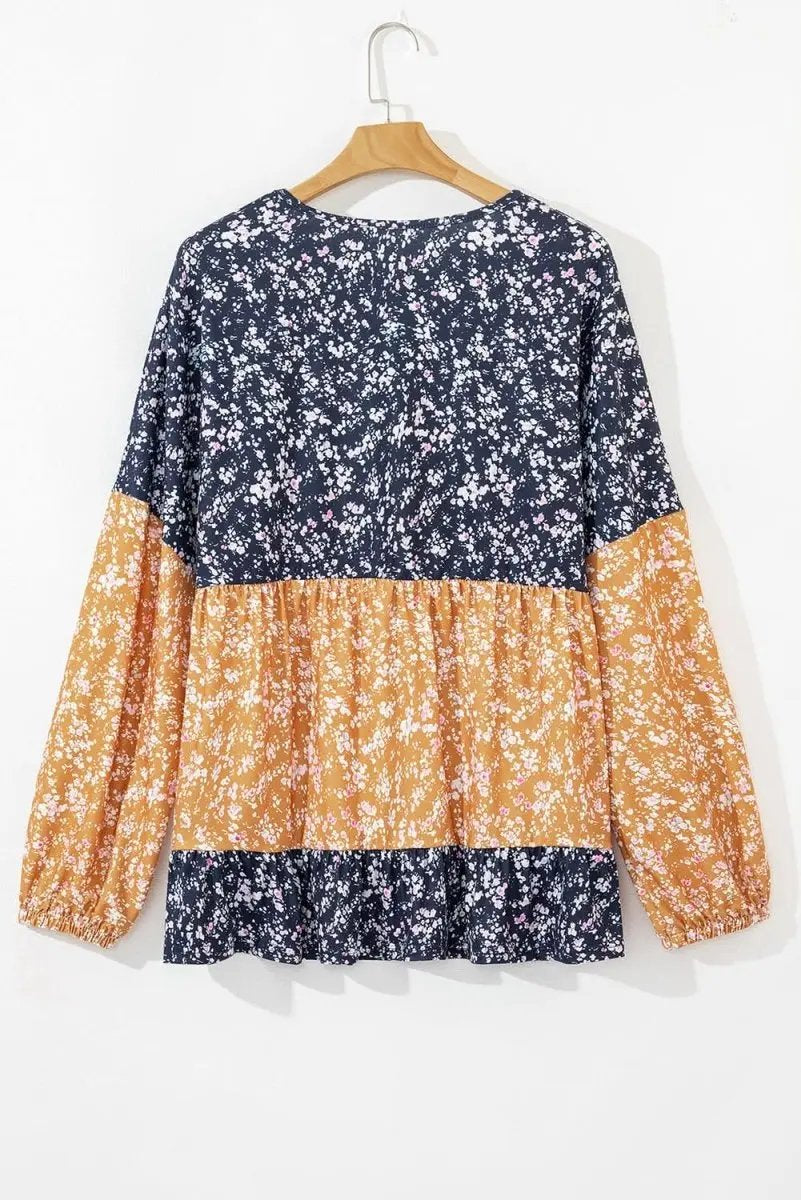 Blue Floral Color Block Patchwork Ruffled Hem Round Neck Blouse - Love Salve 