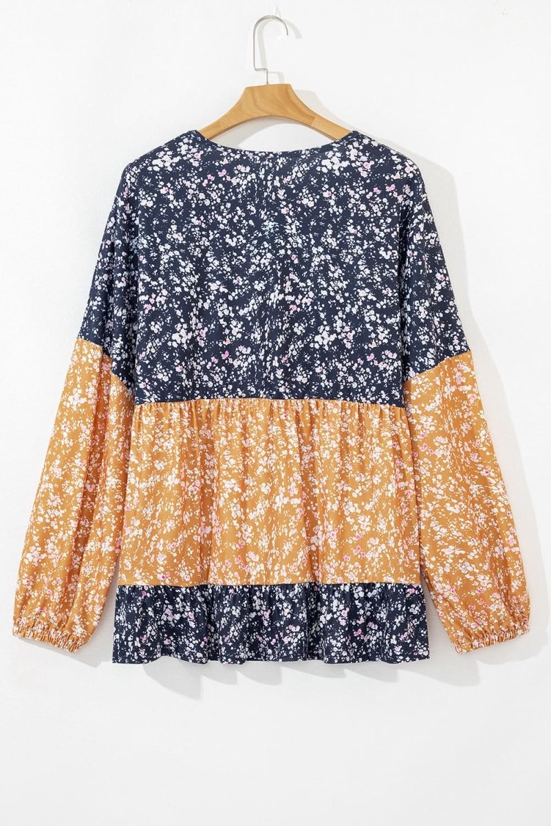 Blue Floral Color Block Patchwork Ruffled Hem Round Neck Blouse - Love Salve