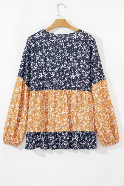 Blue Floral Color Block Patchwork Ruffled Hem Round Neck Blouse - Love Salve