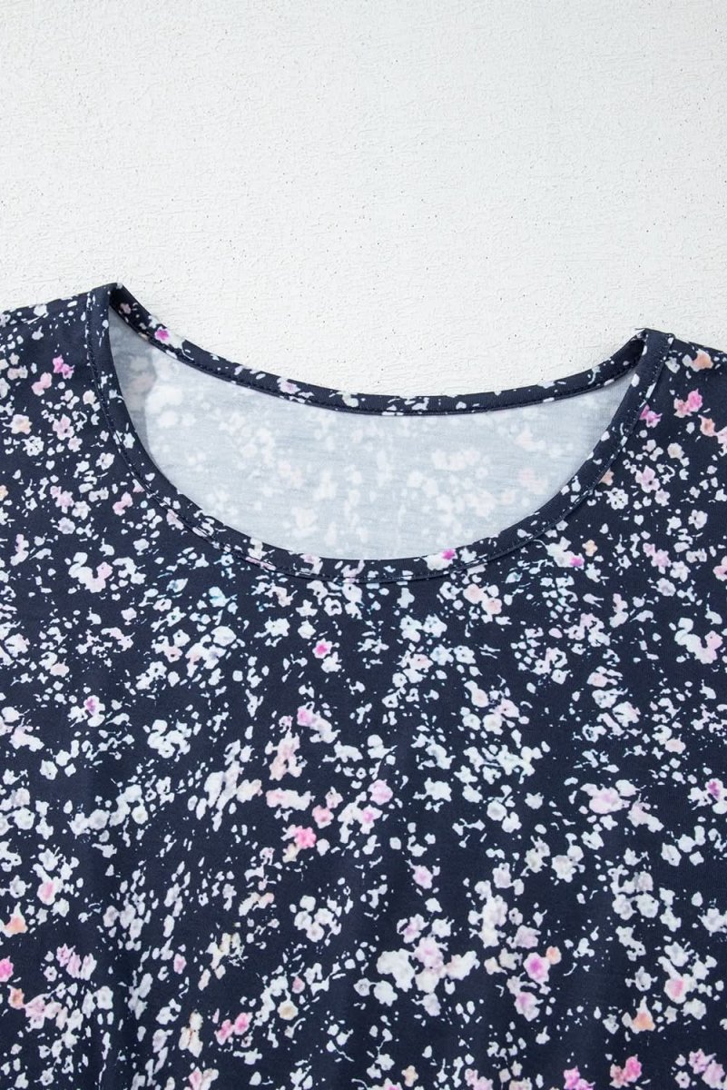 Blue Floral Color Block Patchwork Ruffled Hem Round Neck Blouse - Love Salve
