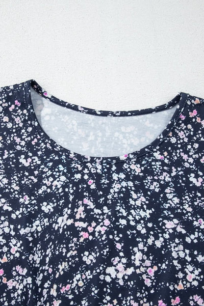 Blue Floral Color Block Patchwork Ruffled Hem Round Neck Blouse - Love Salve