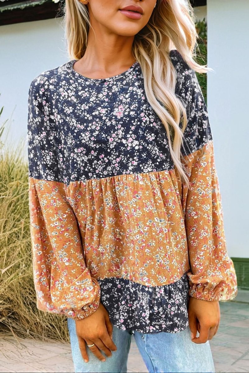 Blue Floral Color Block Patchwork Ruffled Hem Round Neck Blouse - Love Salve