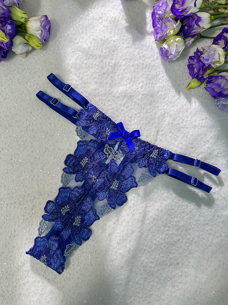 Blue Floral Embroidery Bustier Straps Lingerie Set - Love Salve