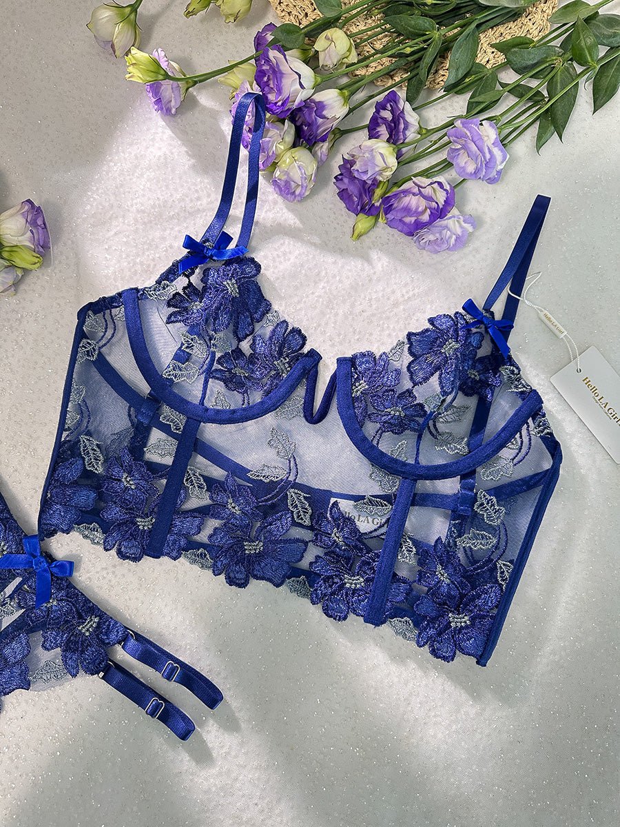 Blue Floral Embroidery Bustier Straps Lingerie Set - Love Salve