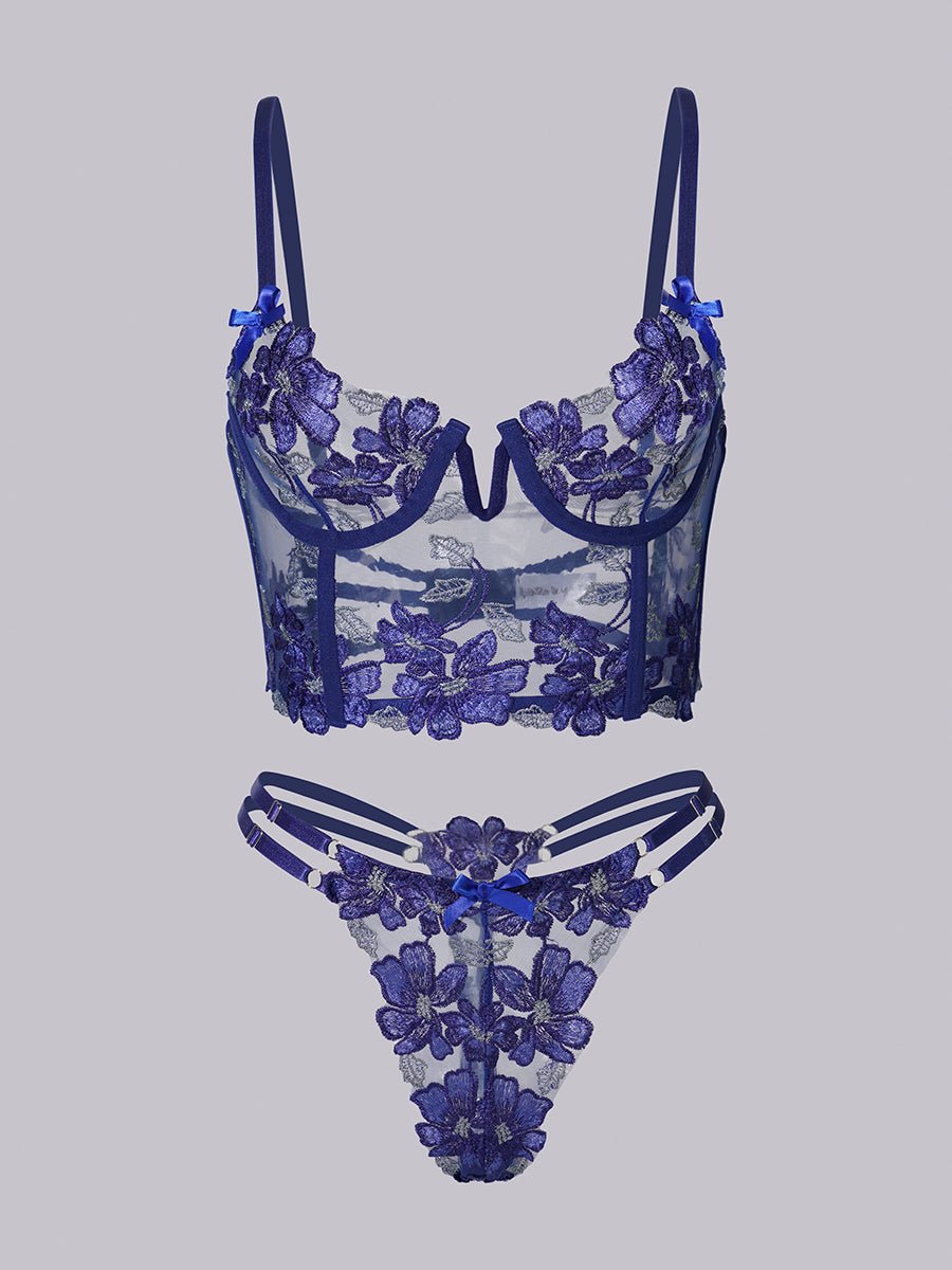 Blue Floral Embroidery Bustier Straps Lingerie Set - Love Salve