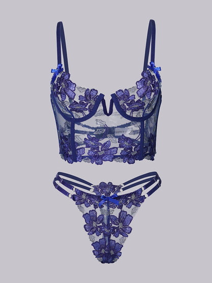 Blue Floral Embroidery Bustier Straps Lingerie Set - Love Salve