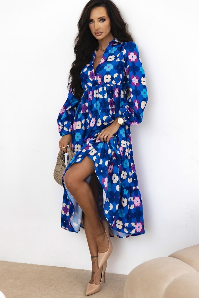 Blue Floral Peasant Sleeve Tiered Ruffle Midi Dress - Love Salve 