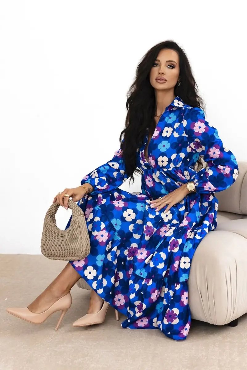 Blue Floral Peasant Sleeve Tiered Ruffle Midi Dress - Love Salve 