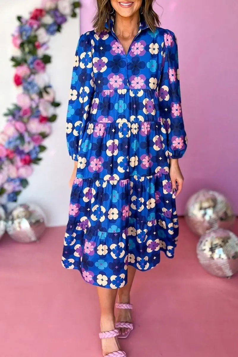 Blue Floral Peasant Sleeve Tiered Ruffle Midi Dress - Love Salve 