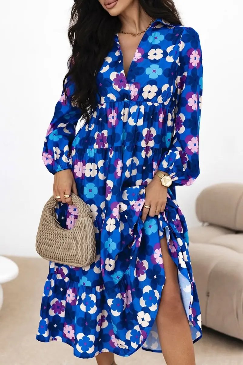 Blue Floral Peasant Sleeve Tiered Ruffle Midi Dress - Love Salve 