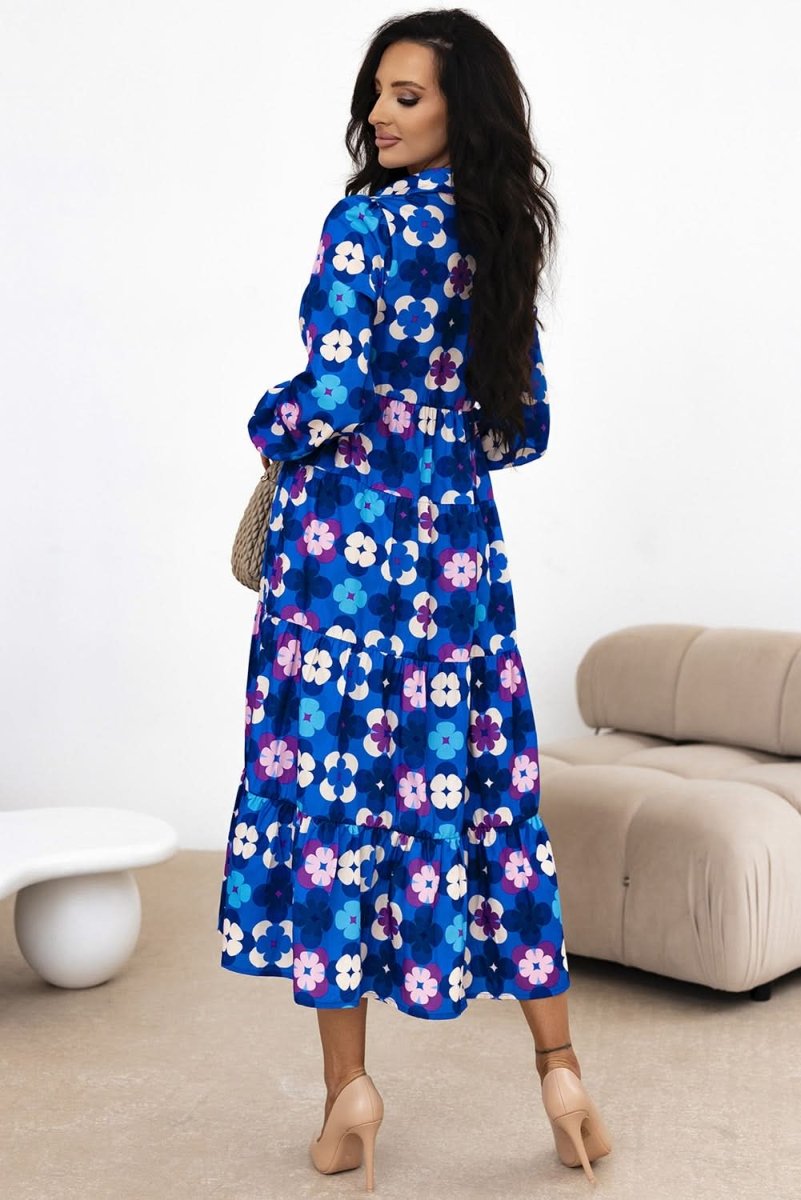Blue Floral Peasant Sleeve Tiered Ruffle Midi Dress - Love Salve 