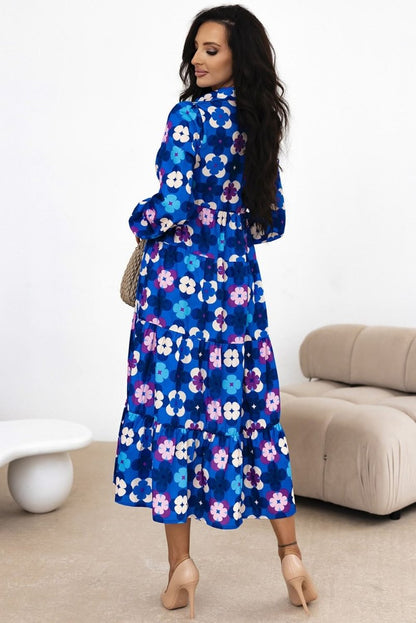 Blue Floral Peasant Sleeve Tiered Ruffle Midi Dress - Love Salve 