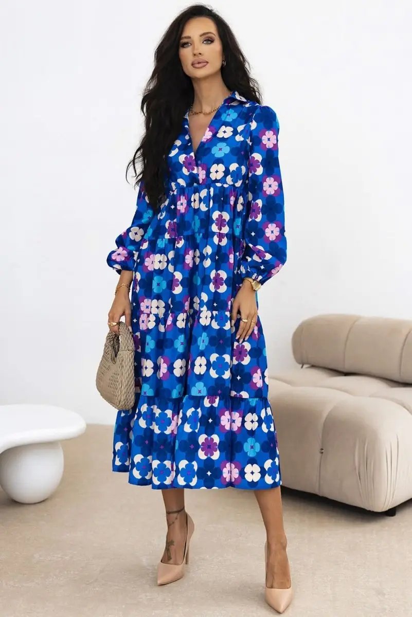 Blue Floral Peasant Sleeve Tiered Ruffle Midi Dress - Love Salve 