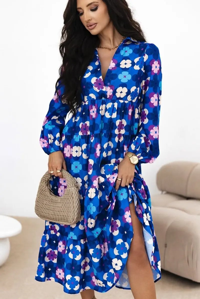 Blue Floral Peasant Sleeve Tiered Ruffle Midi Dress - Love Salve 