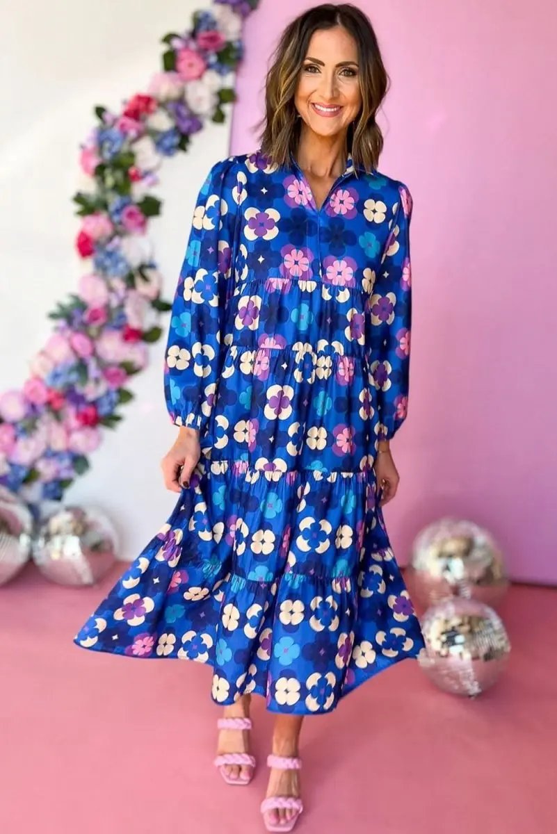 Blue Floral Peasant Sleeve Tiered Ruffle Midi Dress - Love Salve 