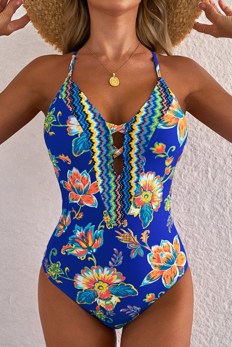 Blue Floral Plunging Slim & Sculpt Backless Swimsuit - Love Salve