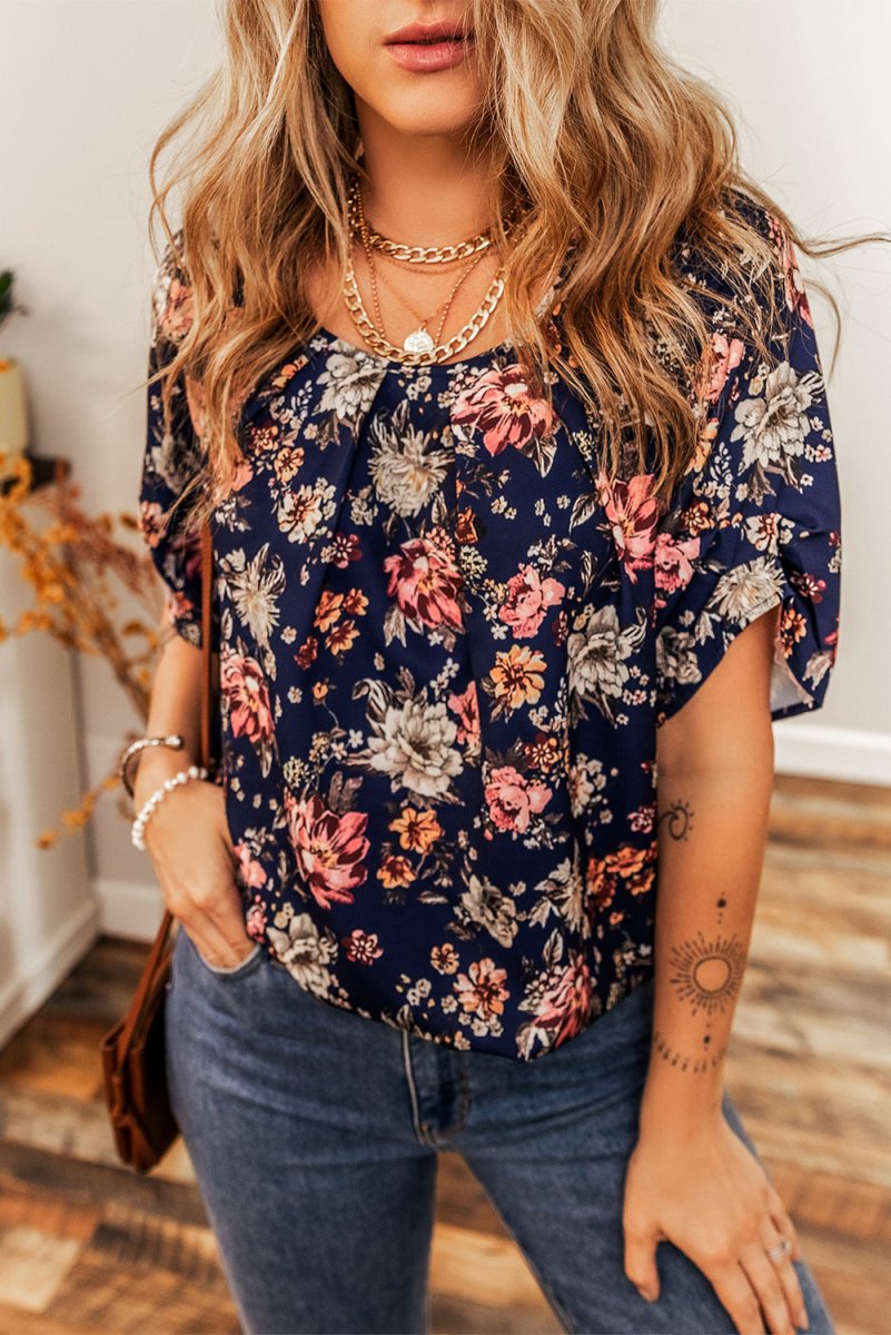 Blue Floral Short Sleeve Scoop Neck Casual Blouse for Women - Love Salve 