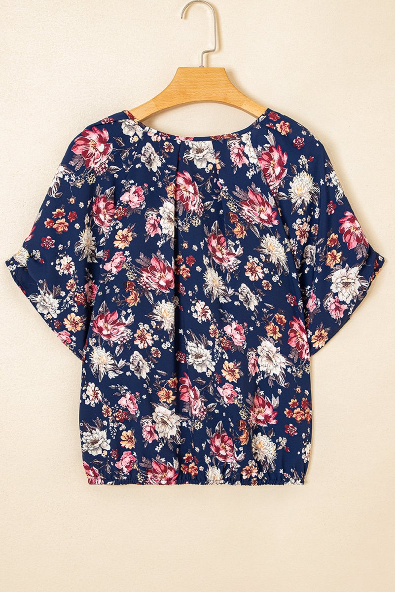Blue Floral Short Sleeve Scoop Neck Casual Blouse for Women - Love Salve 