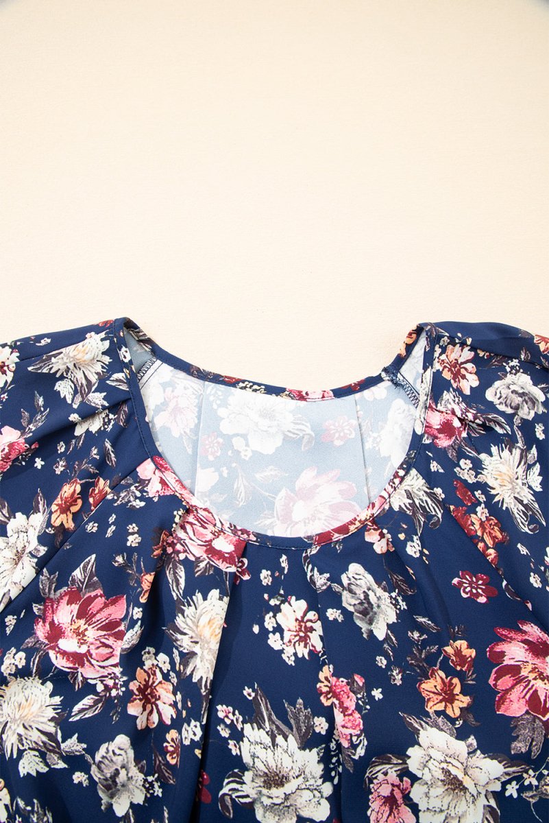 Blue Floral Short Sleeve Scoop Neck Casual Blouse for Women - Love Salve 