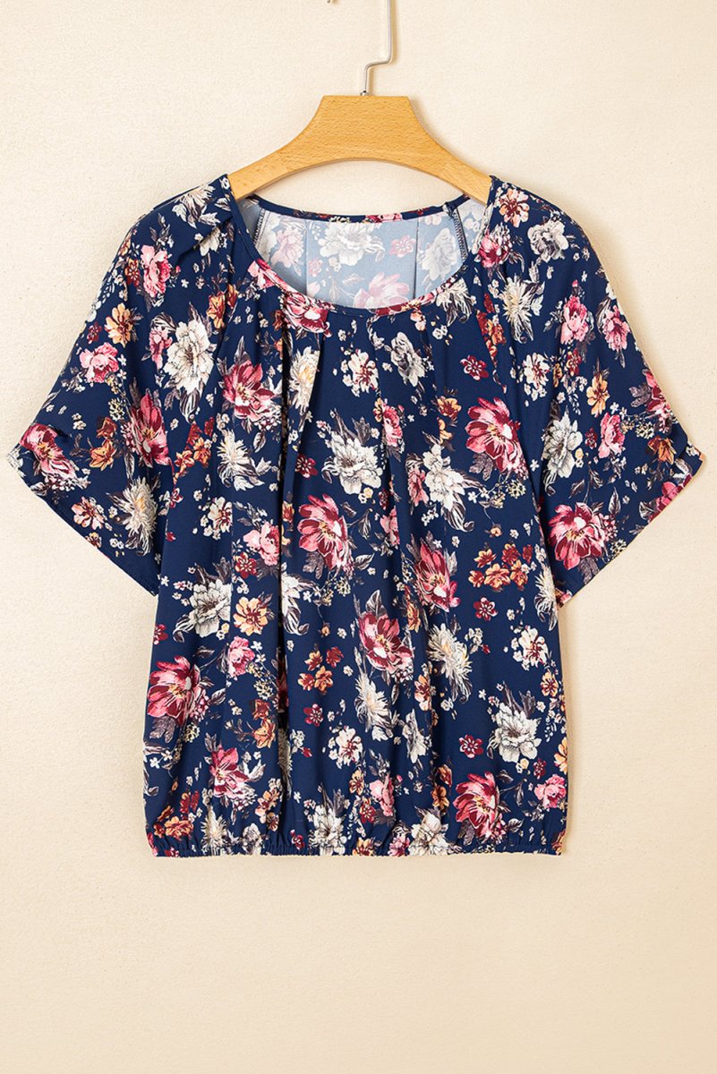 Blue Floral Short Sleeve Scoop Neck Casual Blouse for Women - Love Salve 