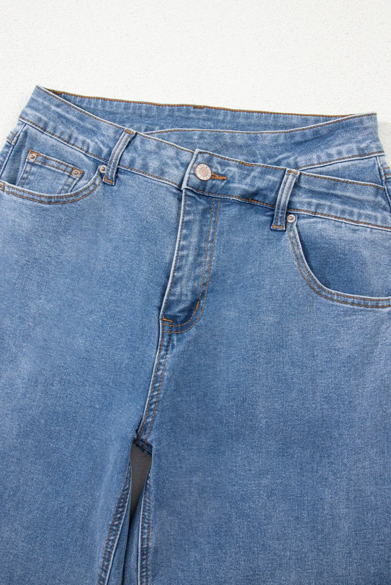 Blue Mid Rise Asymmetrical Waist Wide Leg Jeans for Women - Love Salve