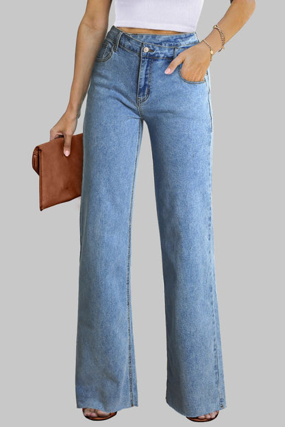 Blue Mid Rise Asymmetrical Waist Wide Leg Jeans for Women - Love Salve