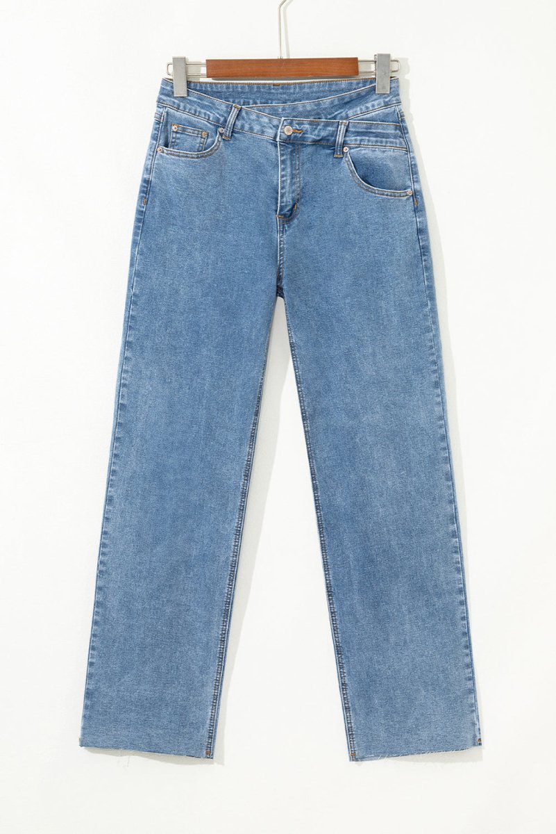 Blue Mid Rise Asymmetrical Waist Wide Leg Jeans for Women - Love Salve