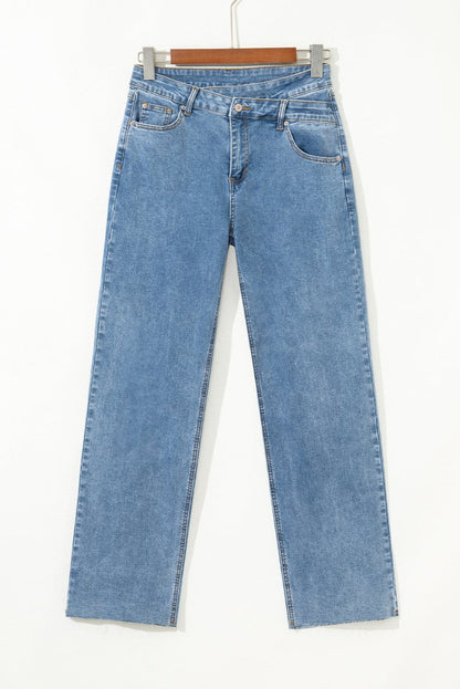 Blue Mid Rise Asymmetrical Waist Wide Leg Jeans for Women - Love Salve
