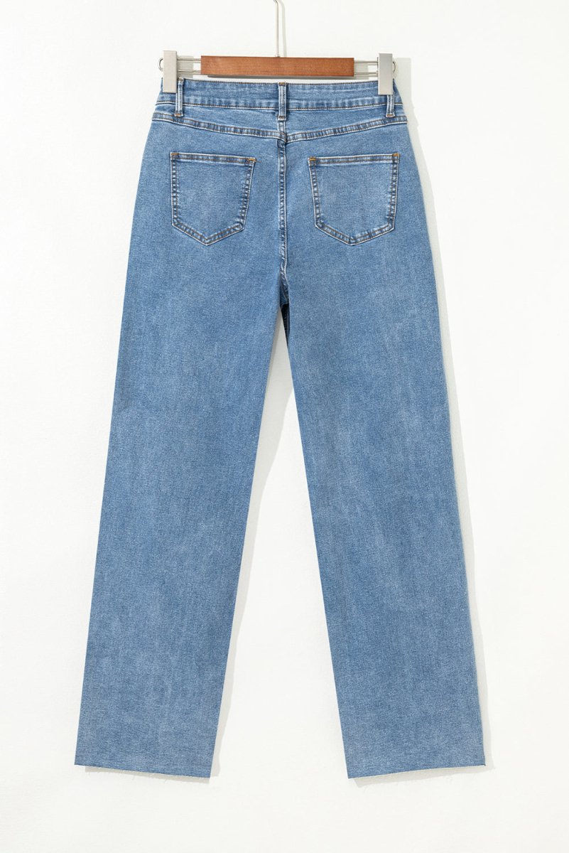 Blue Mid Rise Asymmetrical Waist Wide Leg Jeans for Women - Love Salve