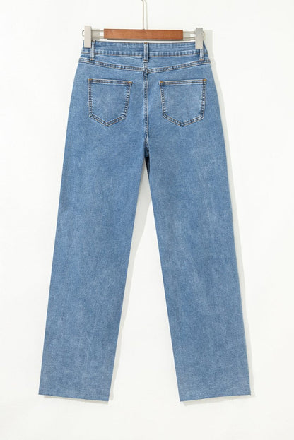 Blue Mid Rise Asymmetrical Waist Wide Leg Jeans for Women - Love Salve