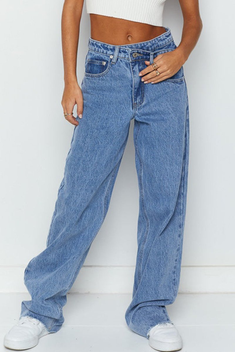 Blue Mid Rise Asymmetrical Waist Wide Leg Jeans for Women - Love Salve