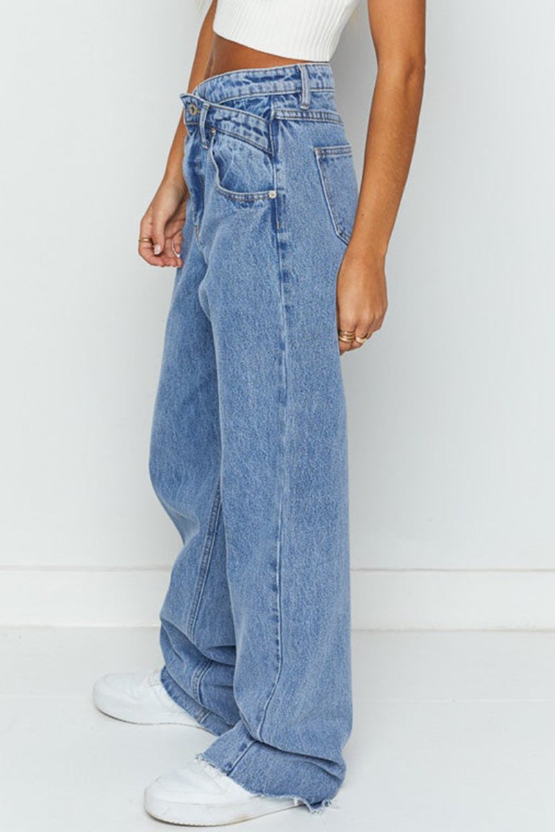 Blue Mid Rise Asymmetrical Waist Wide Leg Jeans for Women - Love Salve