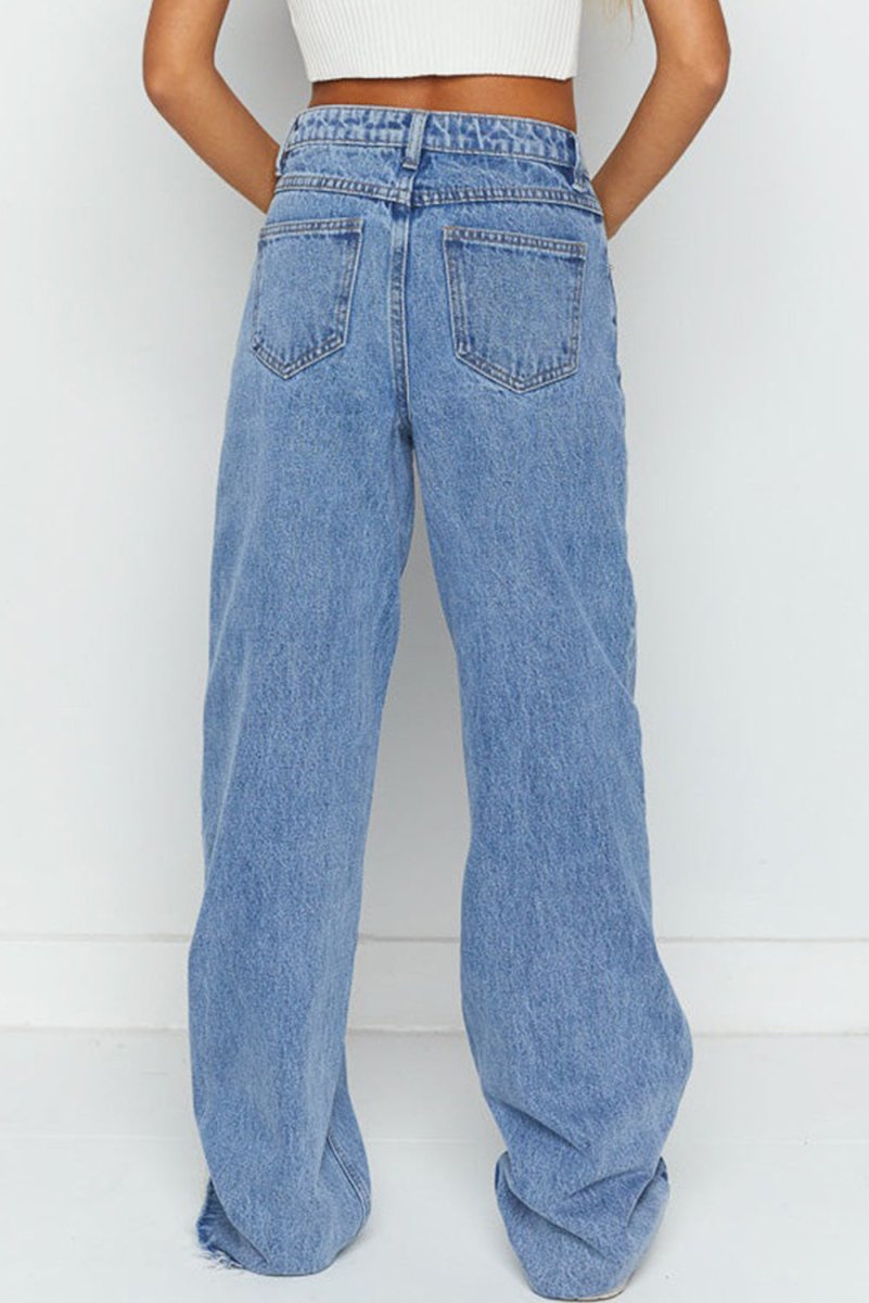 Blue Mid Rise Asymmetrical Waist Wide Leg Jeans for Women - Love Salve