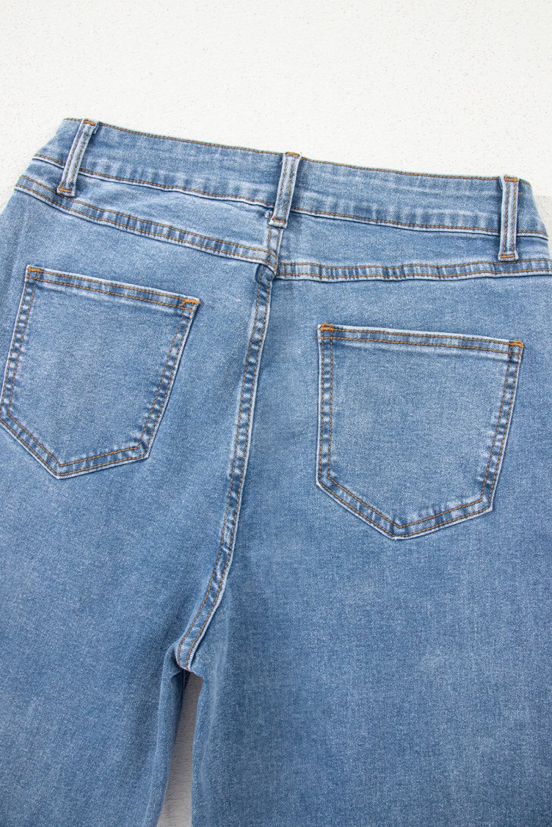 Blue Mid Rise Asymmetrical Waist Wide Leg Jeans for Women - Love Salve