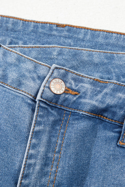 Blue Mid Rise Asymmetrical Waist Wide Leg Jeans for Women - Love Salve